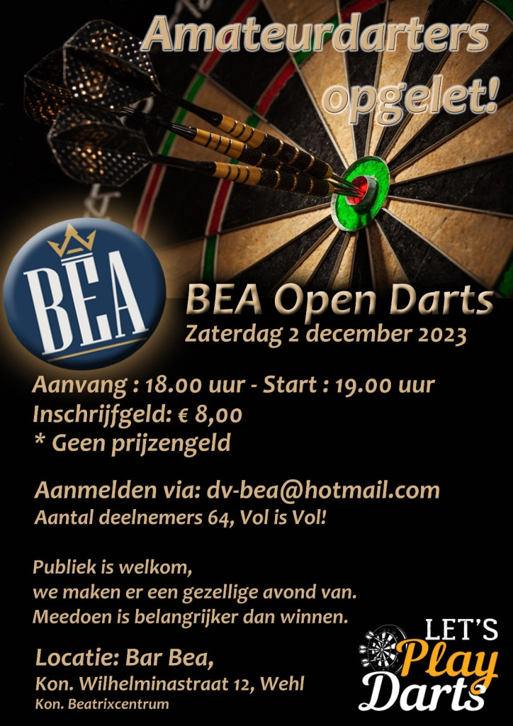Darttoernooi BEA Open Darts  2 december 19.00 uur
